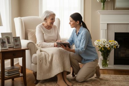 Personne âgée souriante assise dans un fauteuil, entourée d'objets familiers et réconfortants