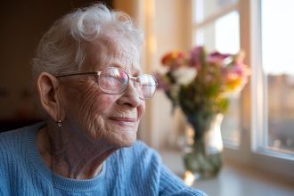 un senior regardant par la fenêtre