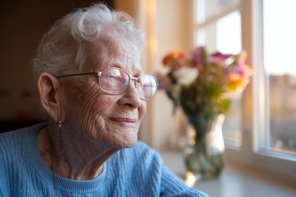 un senior regardant par la fenêtre