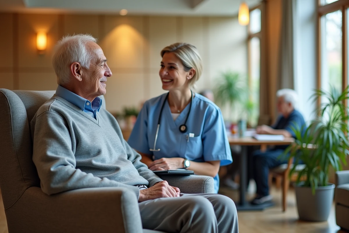 Un résident âgé en maison de retraite échange avec une accompagnatrice bienveillante dans une salle commune lumineuse