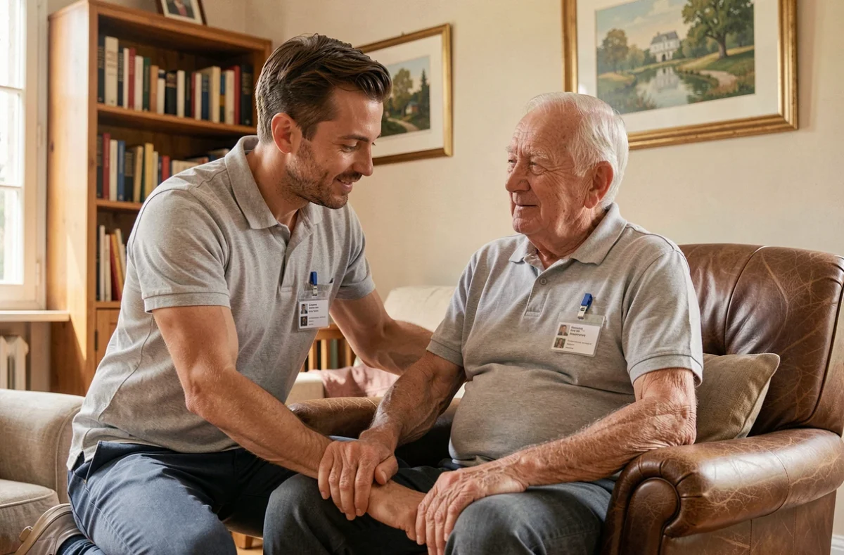 Professionnel AD Seniors 95 accompagnant un senior dans ses exercices quotidiens à domicile