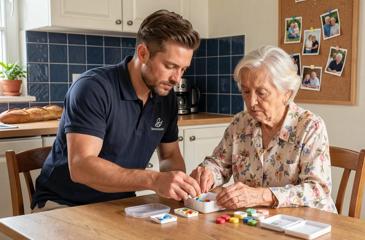 Un accompagnateur d'ADHAP Services Caen aidant une dame âgée à préparer son pilulier hebdomadaire dans sa cuisine, illustrant l'accompagnement personnalisé à domicile.