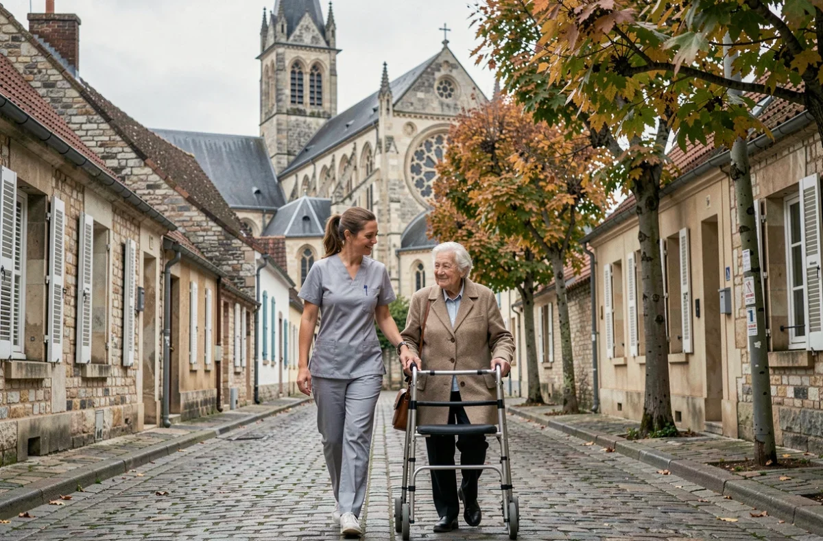 Une auxiliaire de vie d'ADHAP Services Lisieux accompagnant une personne âgée dans une rue pavée de Lisieux avec la basilique visible en arrière-plan.