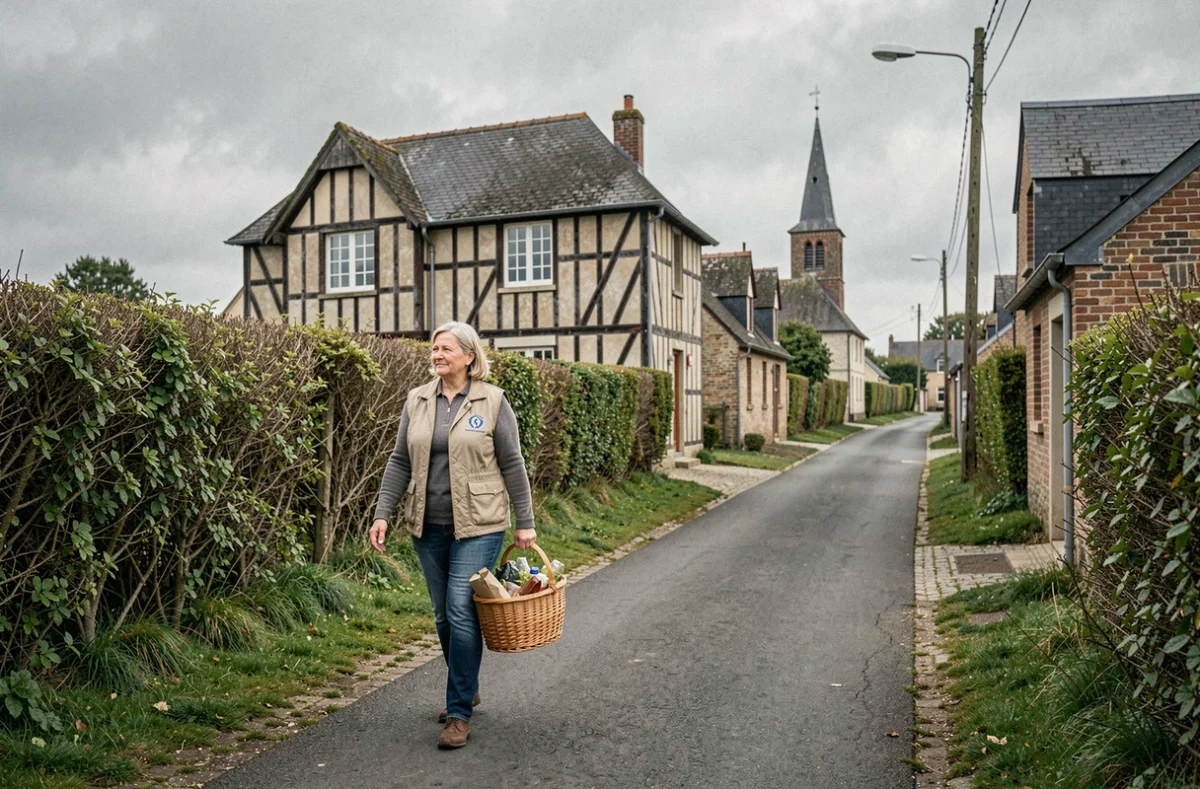 Une bénévole de l'ADMR du Calvados portant un panier de courses dans une ruelle de village normand avec architecture à colombages en arrière-plan.