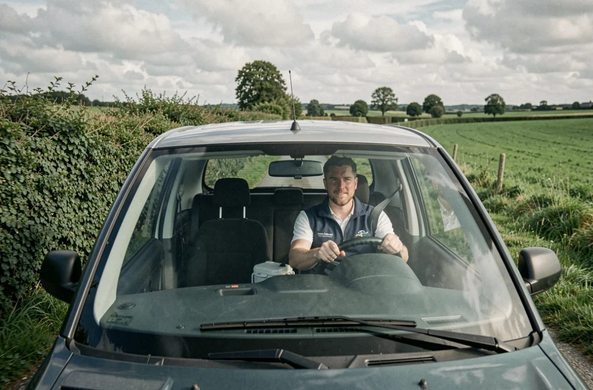 Un auxiliaire de vie de l'ADSAD Normandie Condé-en-Normandie conduisant sur une route de bocage normand, illustrant la couverture géographique de l'antenne du Bocage.