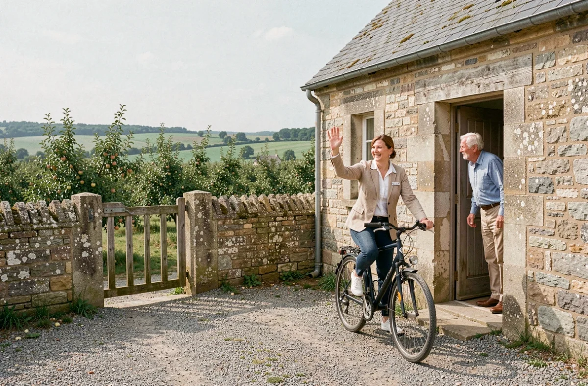 Une aide à domicile de l'ADSAD Normandie Falaise arrivant à vélo dans une ferme semi-rurale aux abords de Falaise, accueillie par un monsieur âgé sur le pas de sa porte.