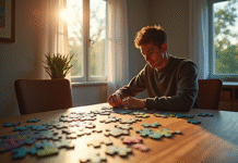 Adulte concentré assemble puzzle lumineux soleil