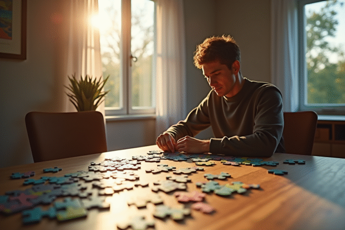 Adulte concentré assemble puzzle lumineux soleil