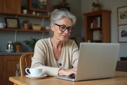 Une femme aidante dans la cinquantaine consulte le site Seniorhome.fr sur son ordinateur portable depuis sa cuisine familiale