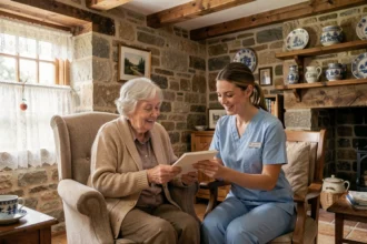 Une aide à domicile en uniforme bleu assise aux côtés d'une dame âgée dans un salon normand traditionnel, toutes deux consultant un carnet ensemble dans une atmosphère chaleureuse.