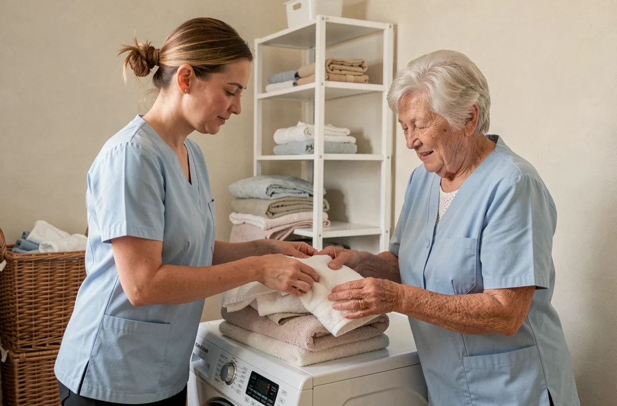 Auxiliaire Aide A Domicile Services aidant une personne âgée à faire son linge à domicile