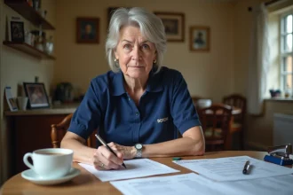 Aide à domicile remplissant une feuille de présence papier à la table d'un client