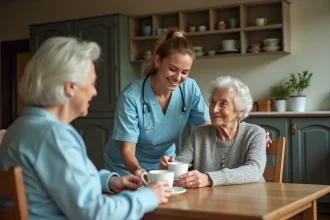 Aide à domicile professionnelle assistante une personne âgée dans sa cuisine, illustrant les services d'aide à domicile et leurs tarifs en 2026