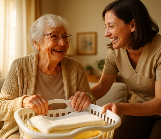 Femme agee heureuse recevant de l'aide pour les tâches menageres