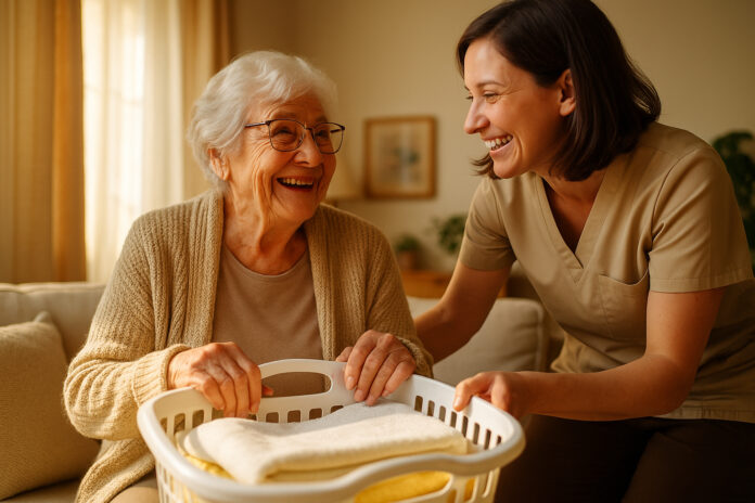 Femme agee heureuse recevant de l'aide pour les tâches menageres