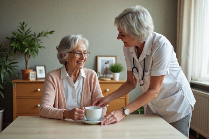 aide-personne-agee-souriante Femme agee souriante recevant une tasse de the d'une aide