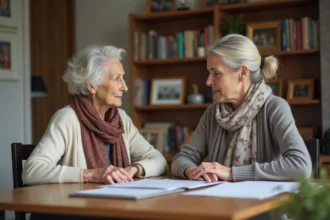 Femme âgée discutant avec une assistante sociale à la maison