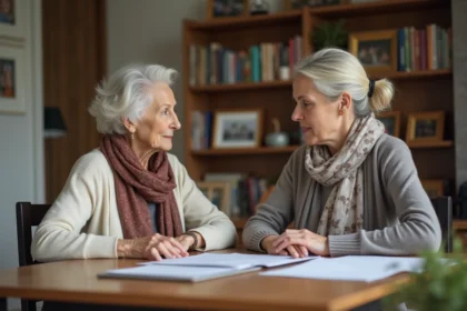 Femme âgée discutant avec une assistante sociale à la maison