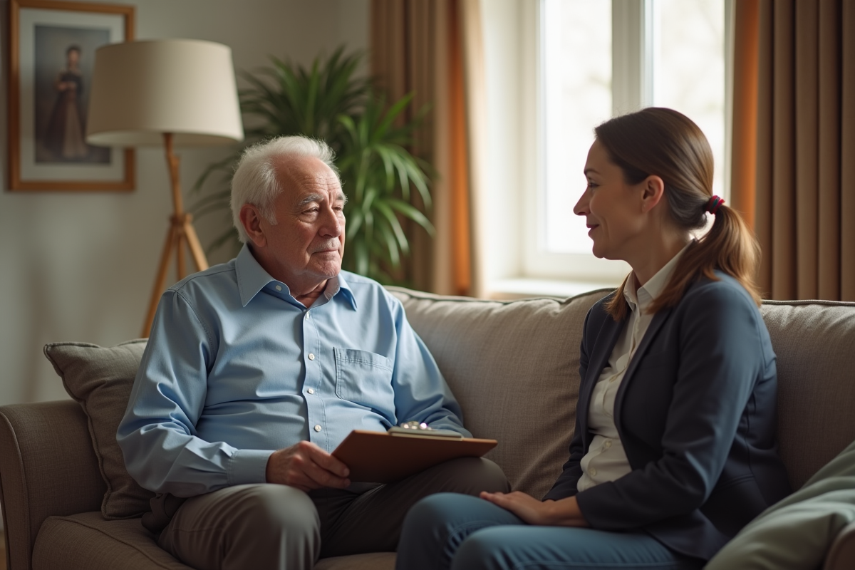 Travailleur social discutant avec un senior à domicile
