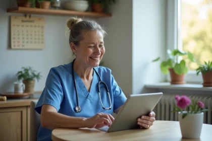 Aide-soignante souriante consulte une tablette dans un appartement lumineux