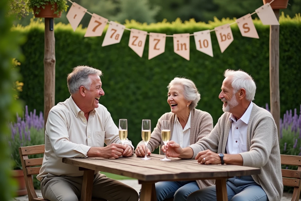 Groupe d'amis septuagénaires célébrant les 70 ans en riant autour d'une table de jardin avec champagne et banderole