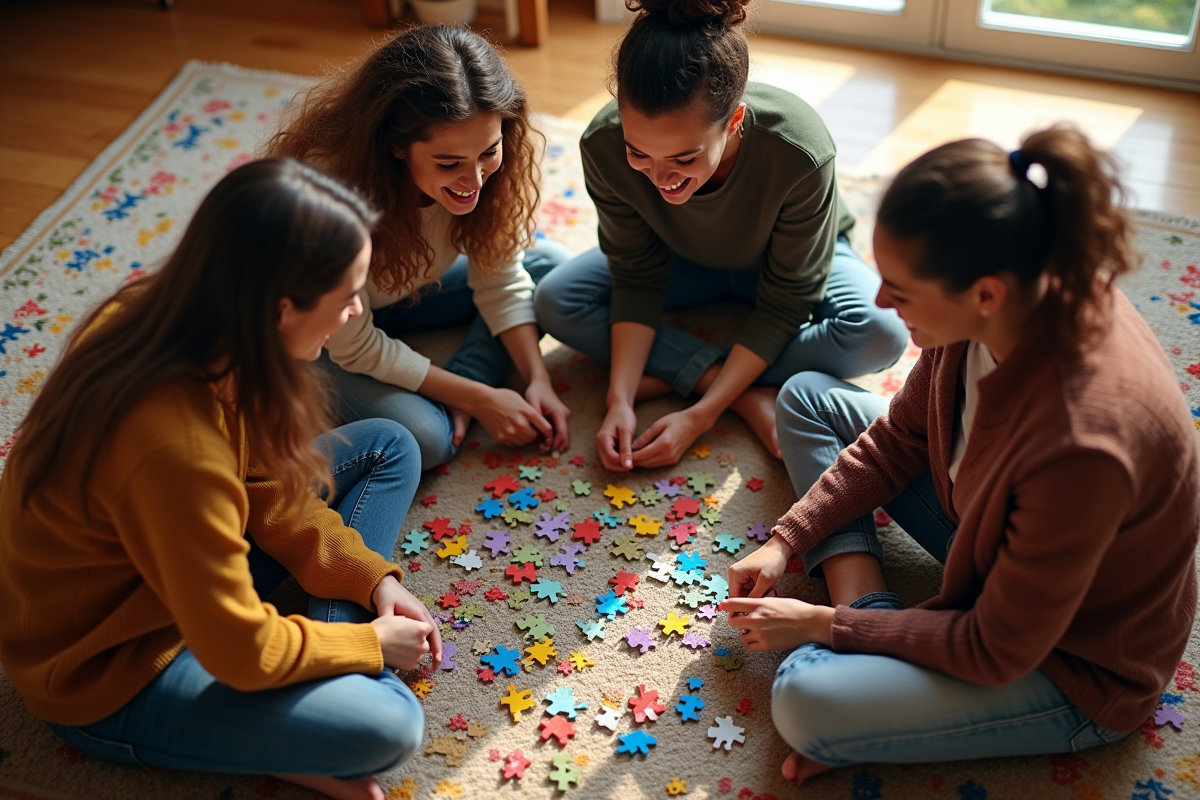 Groupe d amis rient en faisant puzzle dans salon