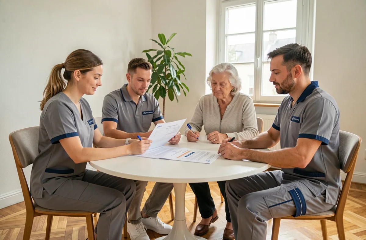 Deux professionnels d'APEF Services Caen rencontrant une famille multigénérationnelle pour établir un plan d'accompagnement à domicile personnalisé.