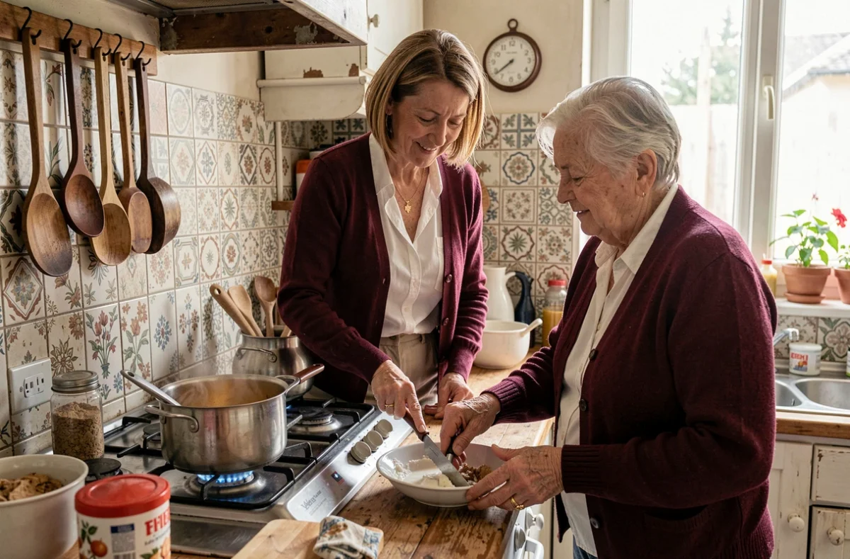 Bénévole de l'Association de l'Aide Familiale Populaire aidant une personne âgée à cuisiner chez elle