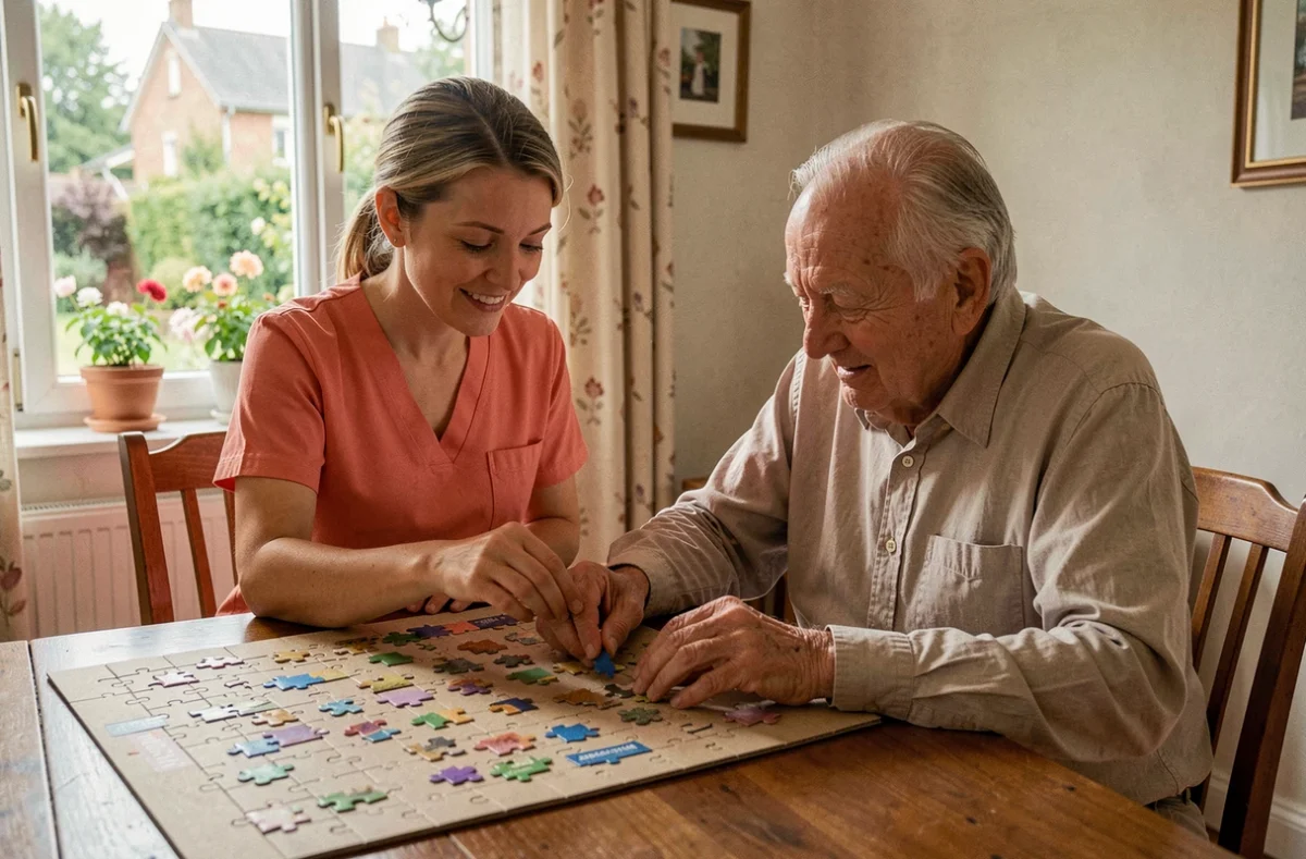 Auxiliaire Auxiliadom partageant une activité de puzzle avec un senior à son domicile dans le Val-d'Oise