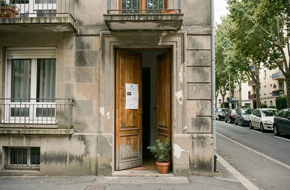 Avis d'expulsion officiel affiché sur la porte d'entrée d'un immeuble résidentiel français habité par un locataire âgé