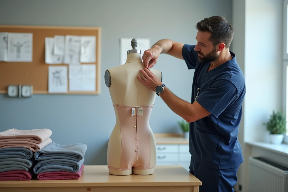 Ergothérapeute présentant un babygro adulte adapté avec fermetures au dos dans un centre de rééducation