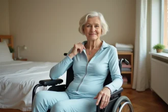 Femme en fauteuil roulant portant un babygro adulte adapté avec fermetures pression, dans une chambre à domicile