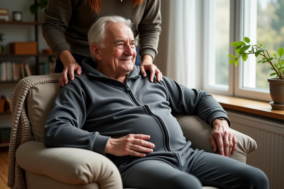 Homme âgé à mobilité réduite portant un babygro adulte gris avec aide d'un proche dans un salon chaleureux