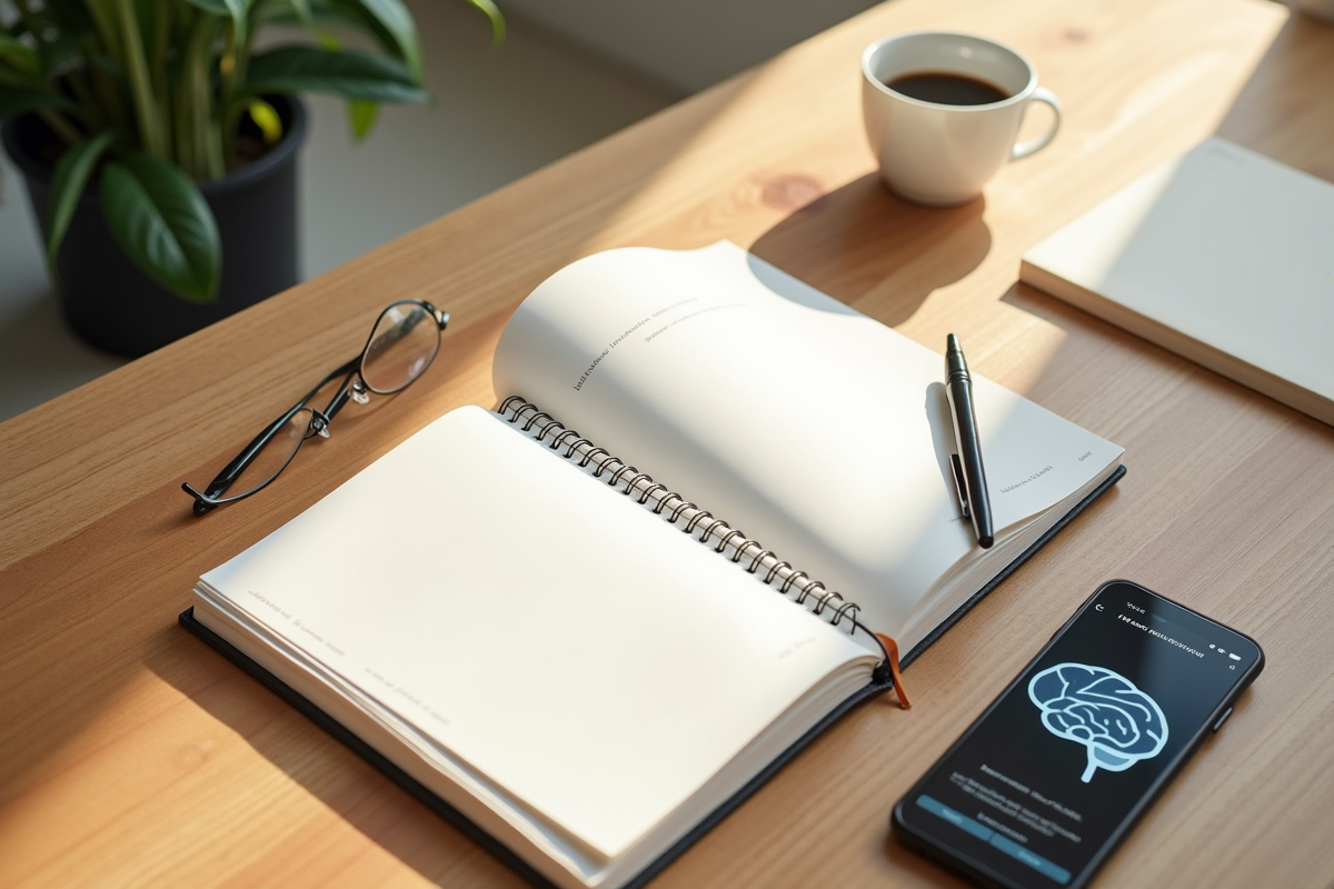 Bureau moderne avec carnet smartphone et tasse de cafe lumineux
