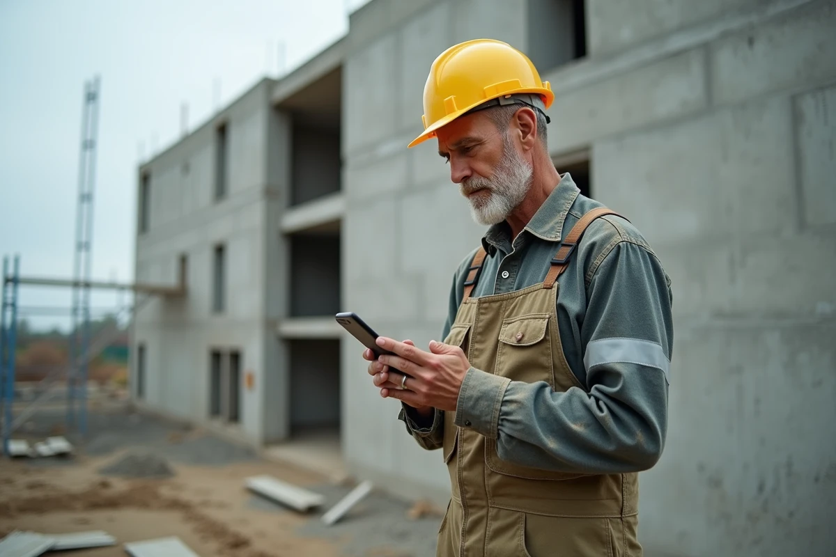 Chef de chantier BTP consultant son solde de points retraite Pro BTP sur smartphone au pied d'un immeuble en construction