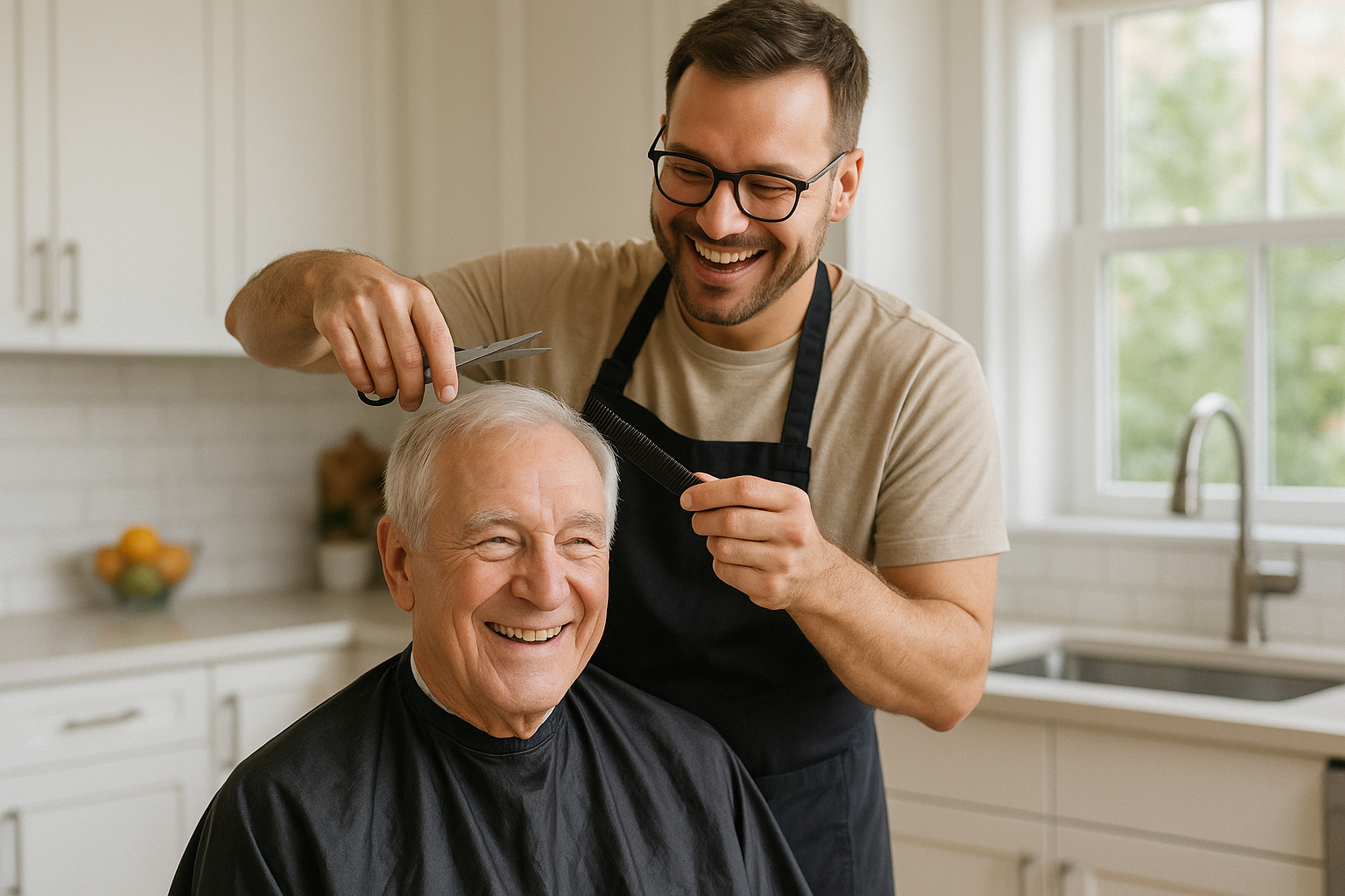 Senior homme se faisant couper les cheveux par un coiffeur a domicile