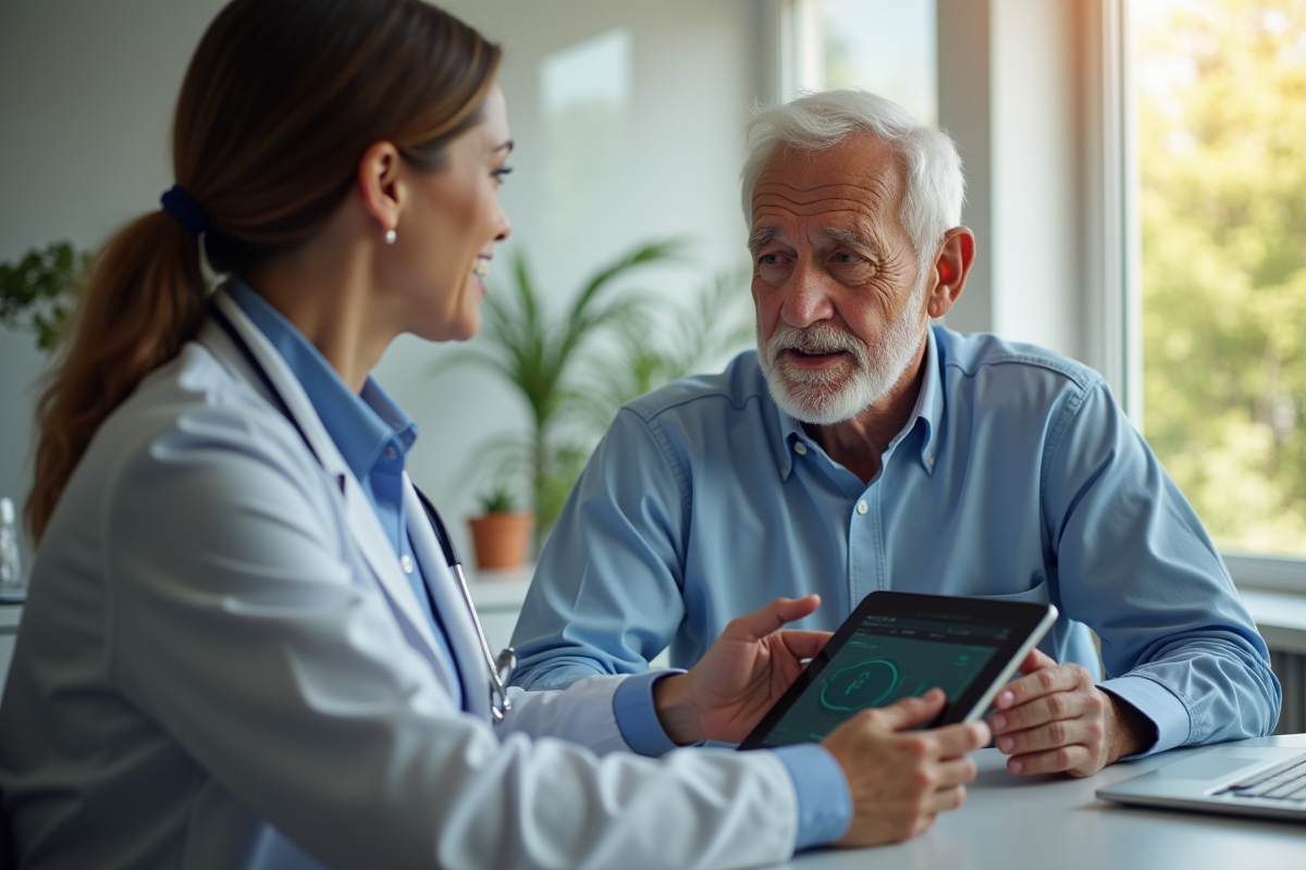 Senior discutant avec une conseillère santé dans un bureau lumineux