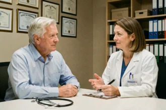 Un homme de 72 ans lors d'une consultation médicale pour le renouvellement de son permis de conduire après 70 ans
