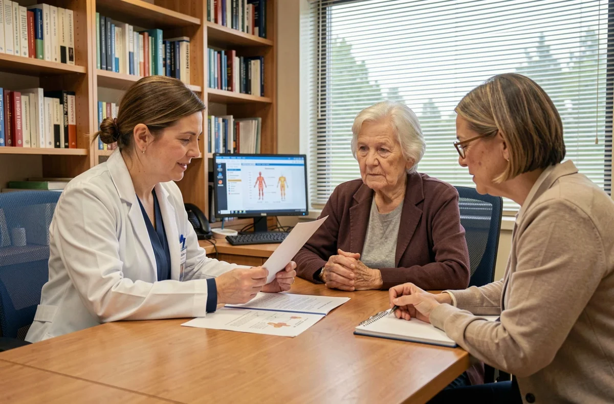 Neurologue expliquant les résultats du score ADL à une patiente Alzheimer et sa fille lors d'une consultation médicale spécialisée en gériatrie