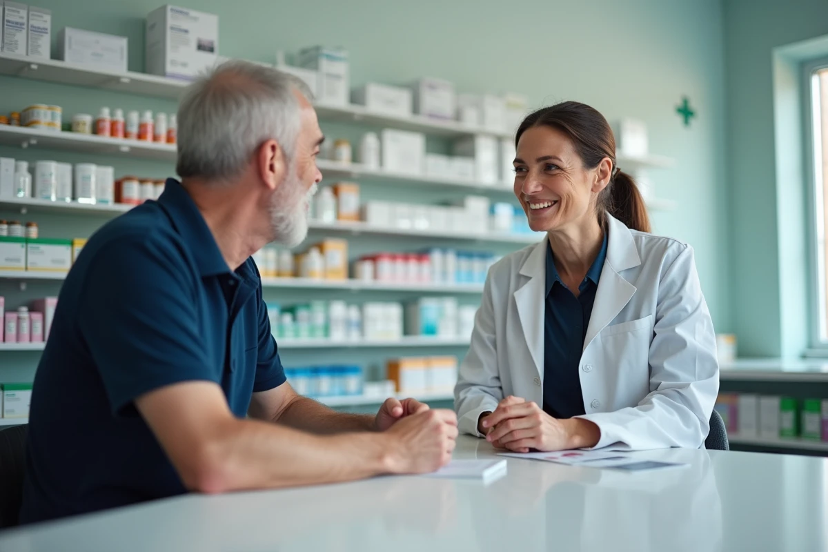 Homme senior en consultation avec une pharmacienne discutant des contre-indications du complément Bion 3 Senior en pharmacie