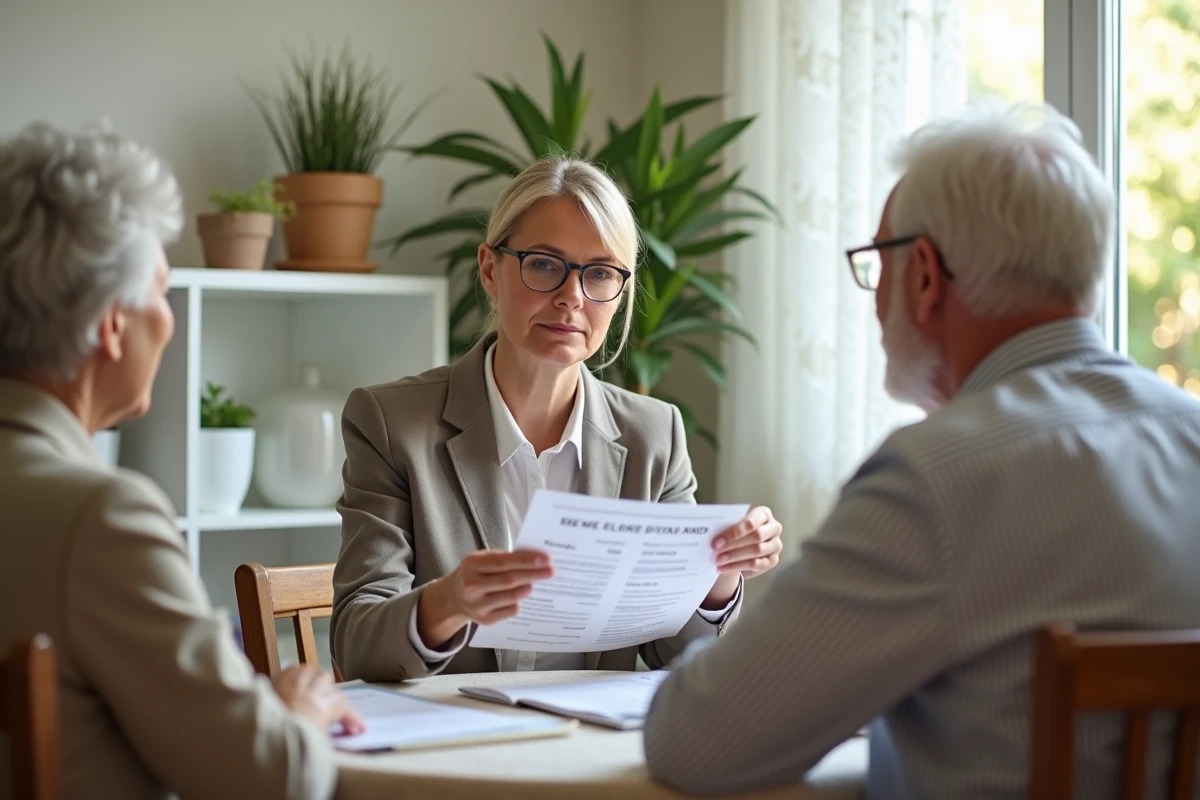 Coordinatrice de services à domicile présentant une grille tarifaire 2026 à un couple de seniors lors d'une consultation à domicile