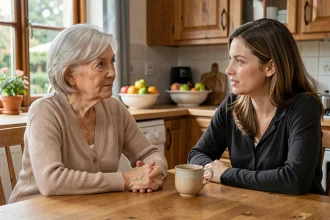 Femme senior et sa fille adulte en conversation apaisée autour d'une table de cuisine au sujet du macaron S Senior obligatoire