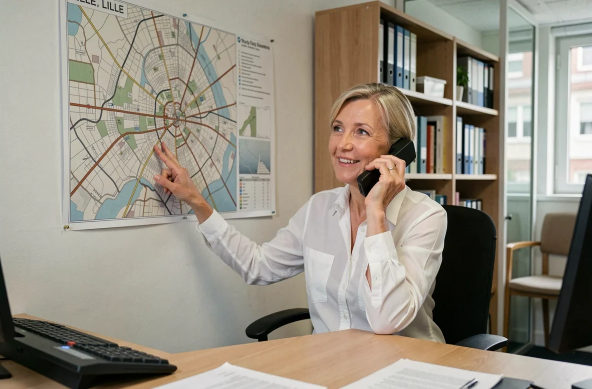 Coordinatrice de services à domicile étudiant la carte des zones d'intervention de Gestea Senior dans la métropole lilloise