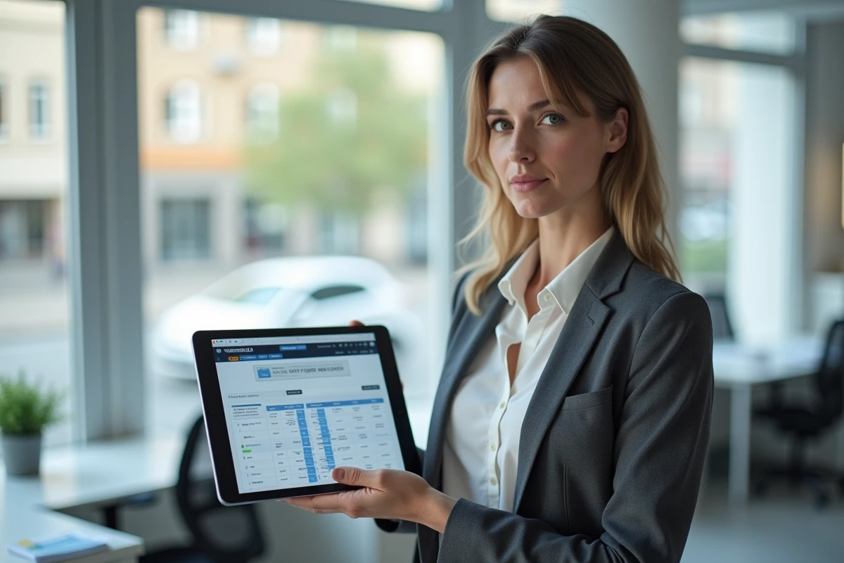 Coordinatrice de services à domicile utilisant un logiciel de gestion sur tablette au bureau