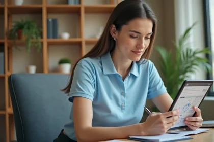 Coordinatrice de services à domicile utilisant LogisFil fr sur une tablette dans un bureau à domicile organisé