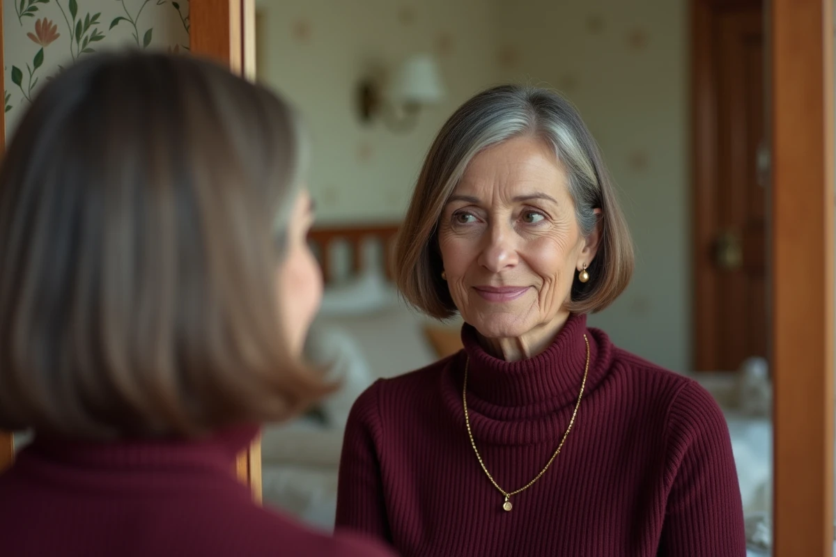 Femme âgée avec une coupe courte en carré gris devant un miroir dans une chambre cosy