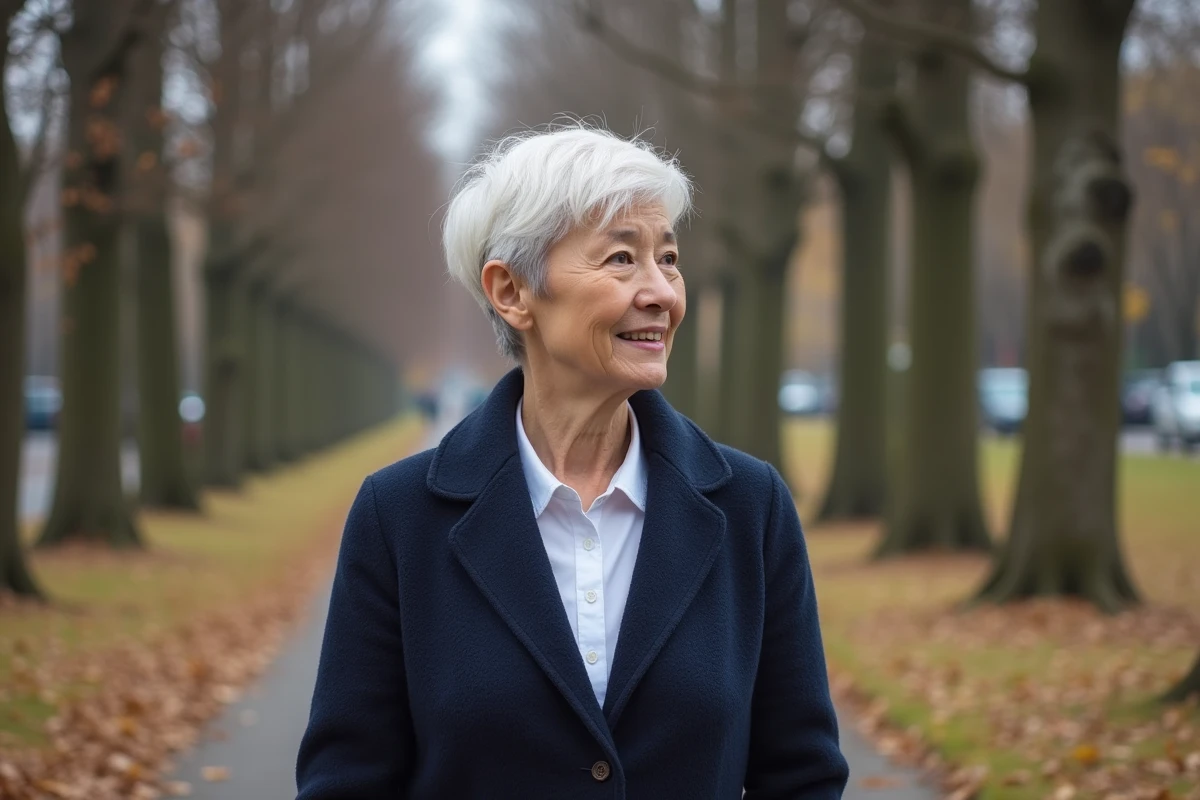 Femme âgée aux cheveux blancs courts marchant dans un parc en automne