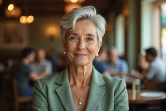 Femme âgée élégante avec une coupe pixie courte argentée dans un café parisien