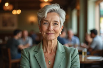 Femme âgée élégante avec une coupe pixie courte argentée dans un café parisien