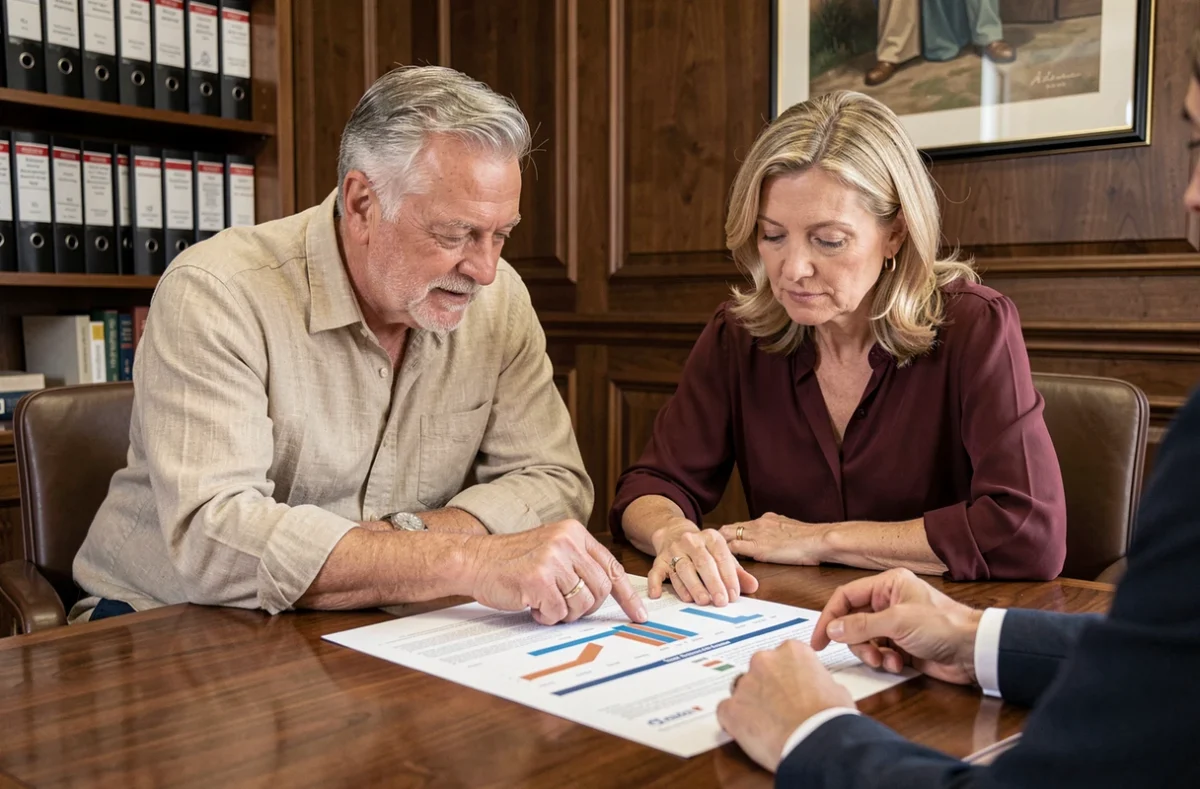 Couple en fin de carrière rencontrant un conseiller pour planifier leur départ à la retraite et valider leurs trimestres en 2026